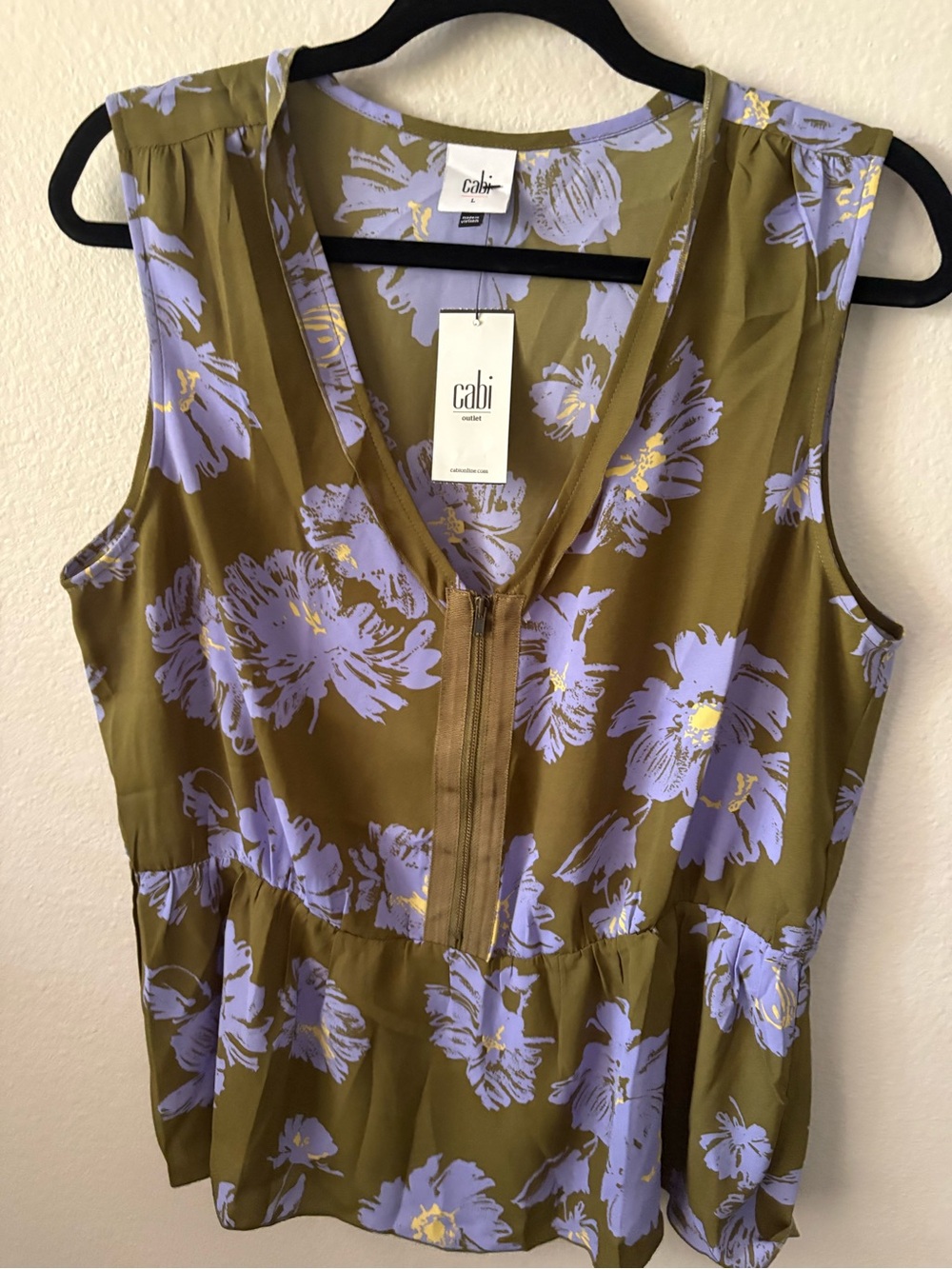Cabi Olive Green Floral Zip Front Sleeveless Top
